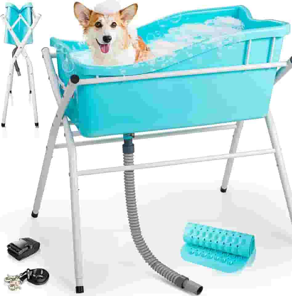Banheira para cães, estação de banho portátil para lavagem de cães, banheira dobrável elevada para chuveiro e higiene, 3 banheiras para animais de estimação de altura ajustável para cães pequenos e