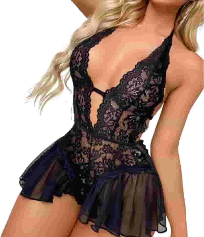 Body Lingerie Sexy de Renda Com Abertura e Saia em Tule Sensual Sem Bojo Feminino