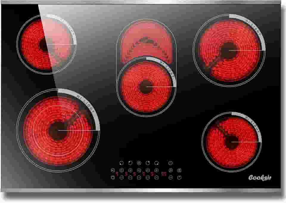 Cooktop Elétrico de 30", Fogão Elétrico Embutido de 5 Queimadores com Estrutura de Metal de Proteção de Vidro, Cooktop de Vidro Radiante de 8400 W, Trava de Segurança, Temporizador de 99 Minut