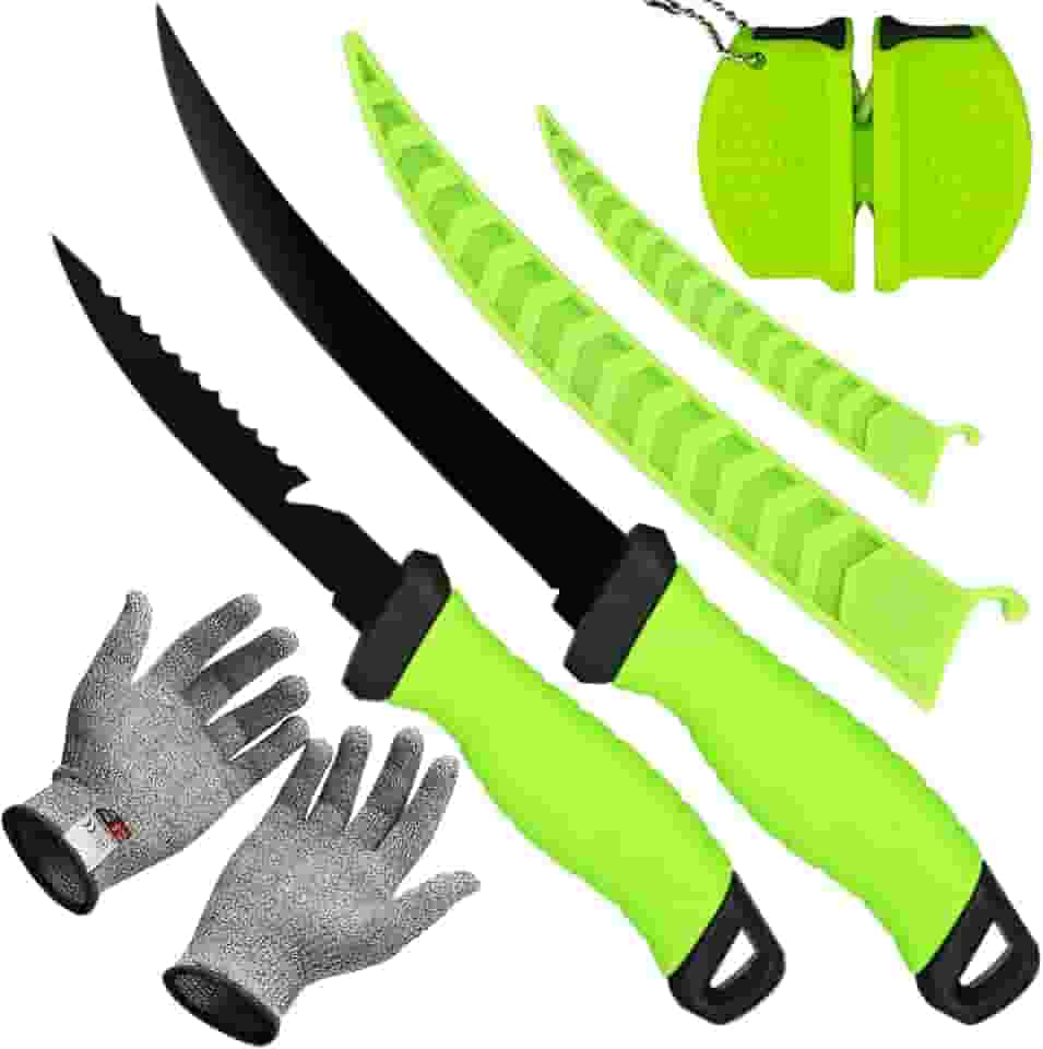 HOWORR Conjunto De 2 Facas Para Filé, 5 E 7 Polegadas, Aço Inoxidável, Filé Cozinha Peixe, Equipamentos Pesca, Acessórios Ferramentas, Presente, Com Afiador Luvas Resistentes A Cortes, Verde