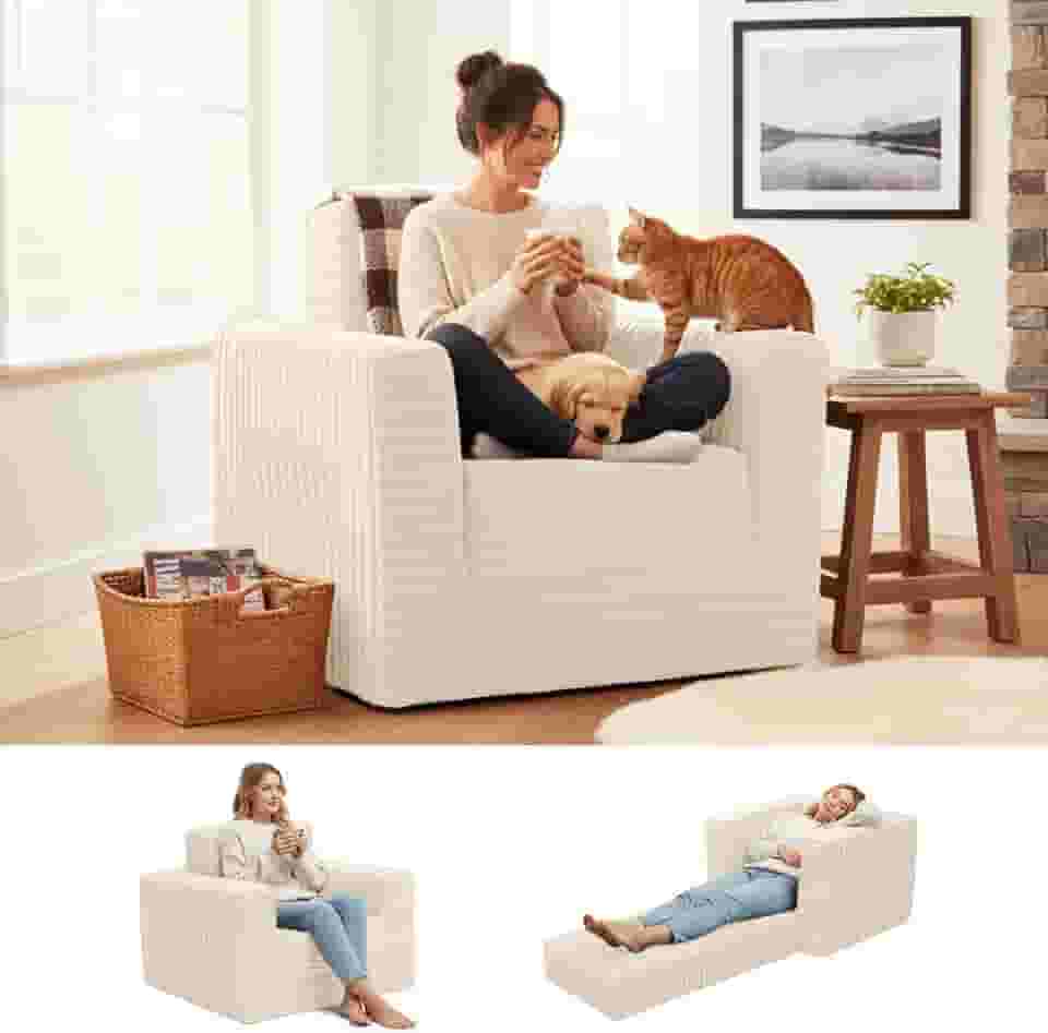 Welnow Sofá-cama dobrável com otomano, cama conversível 2 em 1 futon para adultos, sofá-cama dobrável com encosto para sala de estar, quarto ou dormitório, bege