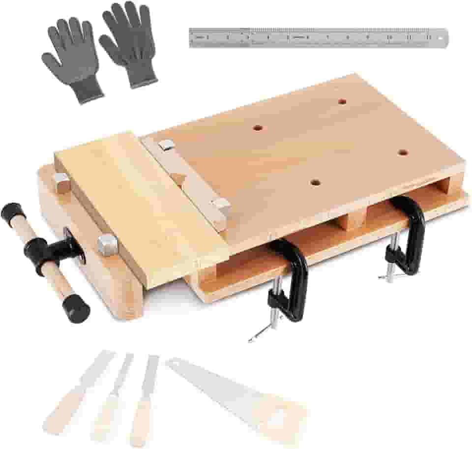Bancada de trabalho de madeira portátil com régua e 2 braçadeiras, torno de madeira dura para casa e oficinas (50 x 30 cm)