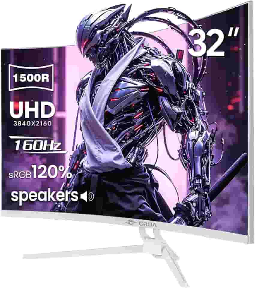 CRUA Monitor de jogos curvo de 32 polegadas, tela VA 144Hz/160Hz 4K UHD (3840 * 2160P) 1500R, suporta AMD Freesync, 120% sRGB, alto-falantes embutidos, iluminação RGB, instalações montáveis na parede