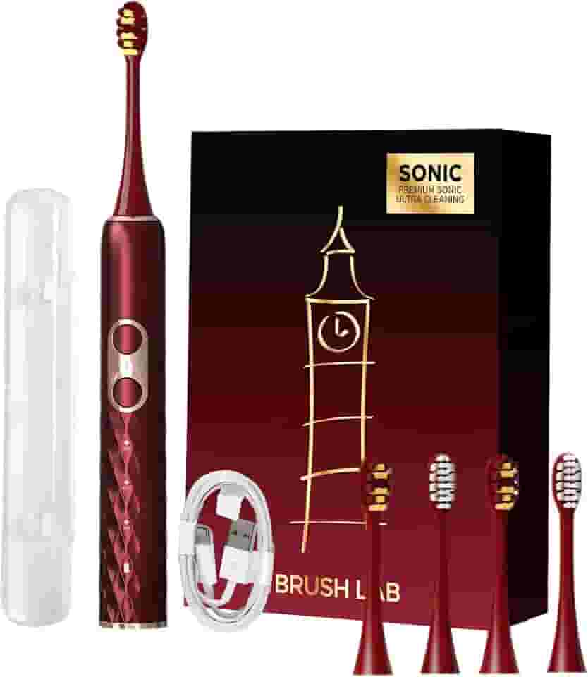 Escova de Dente Elétrica Sônica para Adultos, Cerdas Macias e Médias, USB Recarregável, IPX7 à Prova d’Água, 4 Cabeças Substituíveis, Portátil para Viagem, Presente (Vermelho)