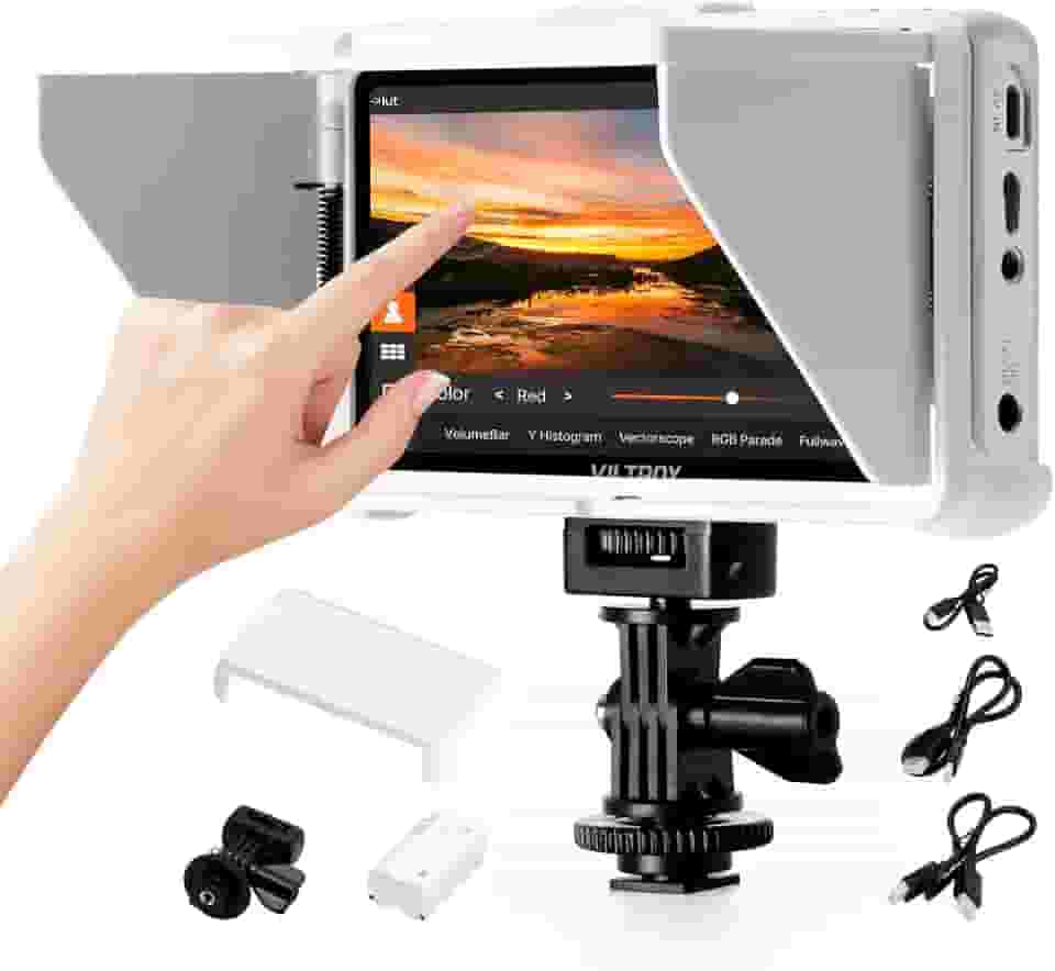 VILTROX Monitor portátil na câmera de 5,5 polegadas, monitor de campo de vídeo HDMI com tela sensível ao toque 4K, visualização ampla de 1920 × 1080, capô guarda-sol, entrada e saídas HDMI, LUTs 3D