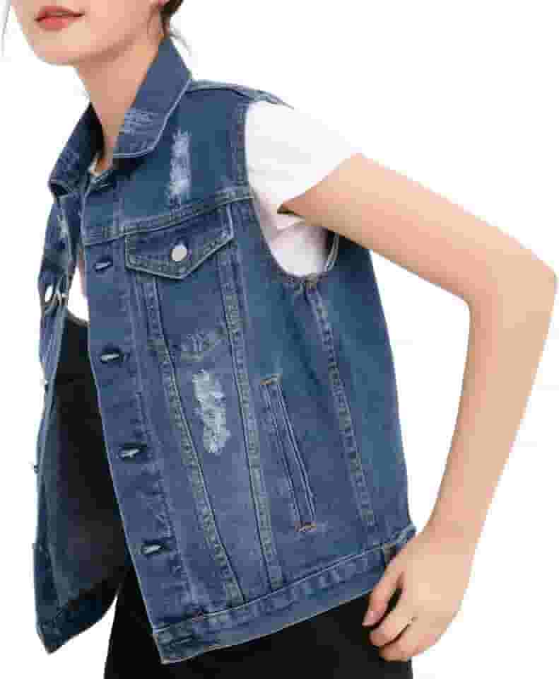 Jaqueta jeans feminina lavada com botões grandes sem mangas