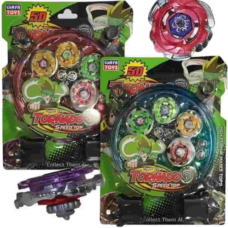 Kit Pião Metal com LED, 4 Peças, Lançador, Arena Tornado, Brinquedo com Luz