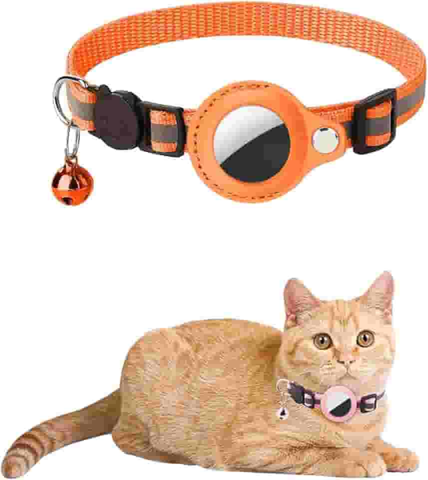 Coleira Cachorro Gato Reflexiva Ajustavel com Case Capa Rastreador GPS Airtag (Laranja)