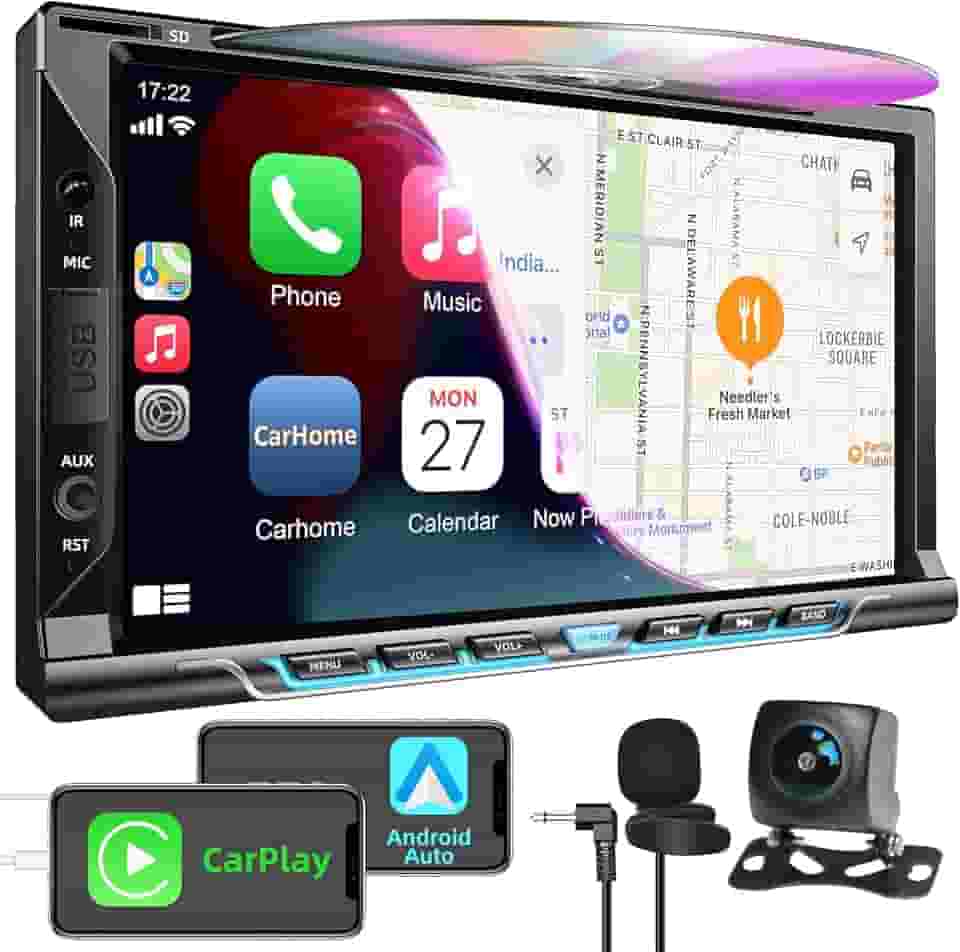 Estéreo automotivo Double Din com leitor de CD/DVD, Apple CarPlay/Android Auto 17.8 cm, rádio duplo din com câmera de reserva, link espelhado, Bluetooth, receptor de rádio AM FM, SWC, subwoofer, USB