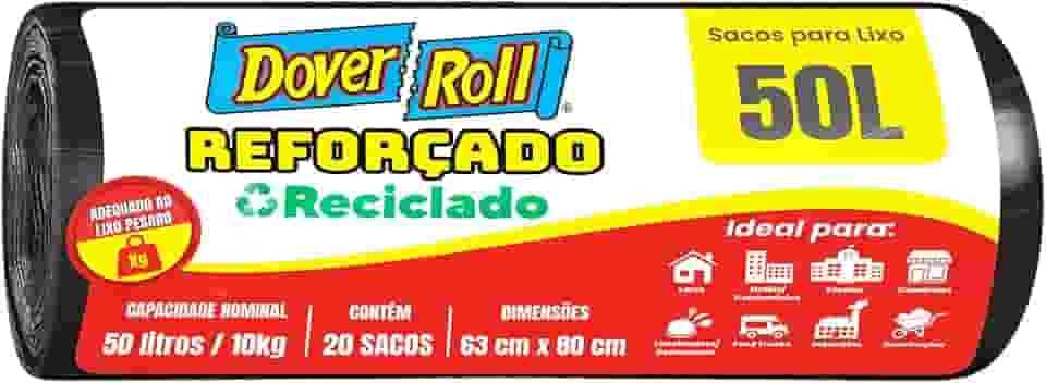 Dover-Roll Reforçado Reciclado 50L Preto, Rolo com 20 Sacos para Lixo