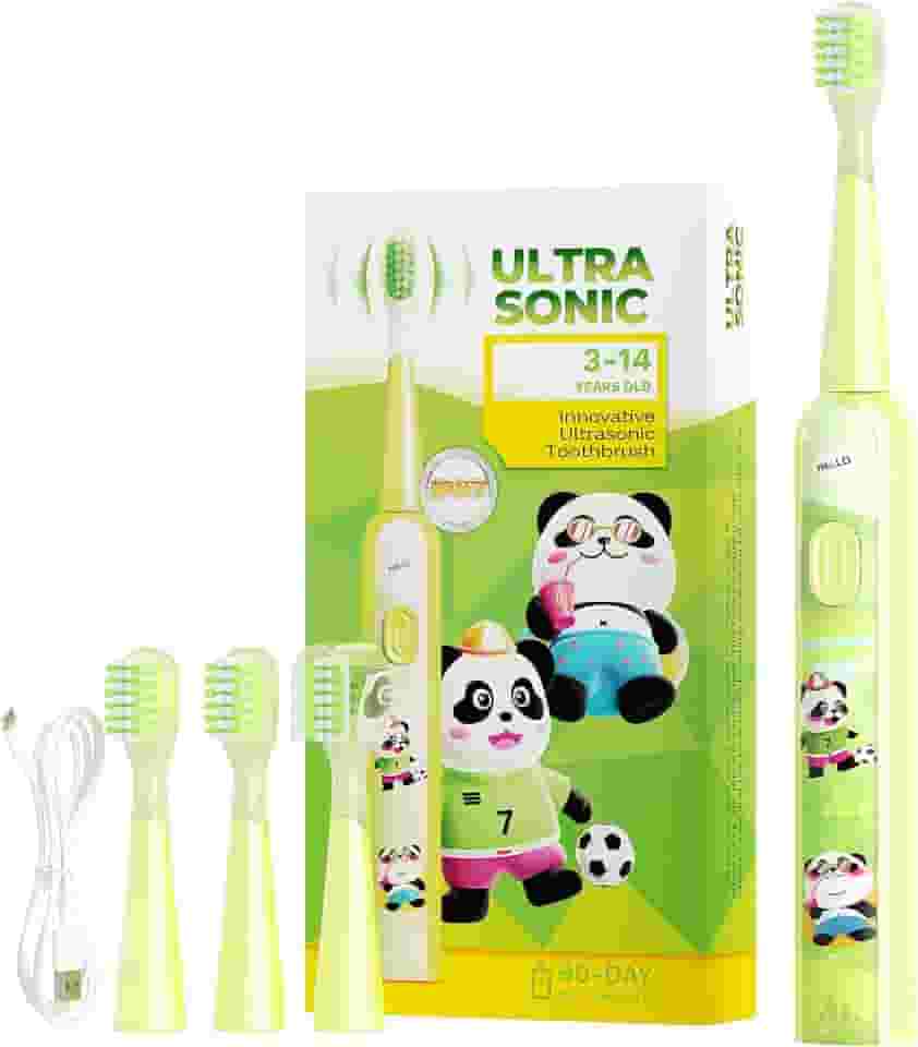 MOMODENT Escova Elétrica Infantil Sônica, Cerdas Extra Macias, 3 Modos de Vibração, 3 Cabeças Substituíveis, IPX7 à Prova D'Água, Recarregável, para Crianças de 3 a 12 Anos (Verde)