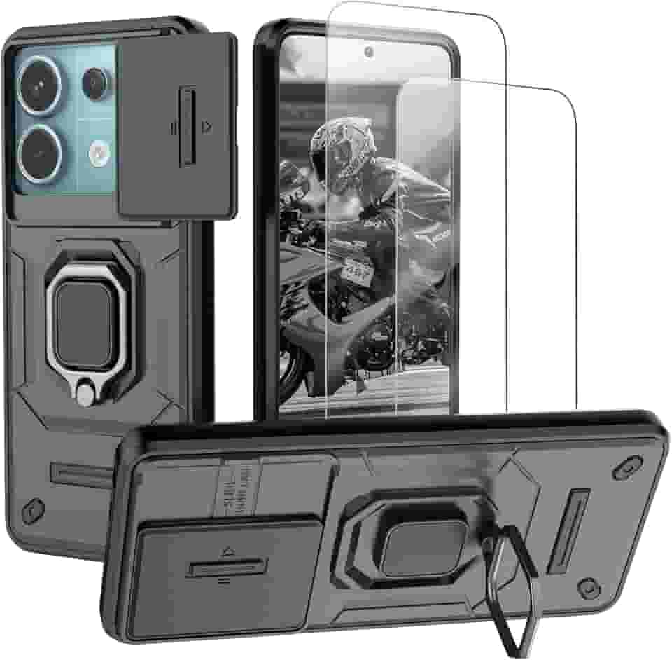 Capa para Redmi Note 13 Pro 5G e Xiaomi Poco X6 5G Capinha - com [2 peças] protetor de tela de vidro temperado tampa deslizante da câmera e suporte para anel de dedo