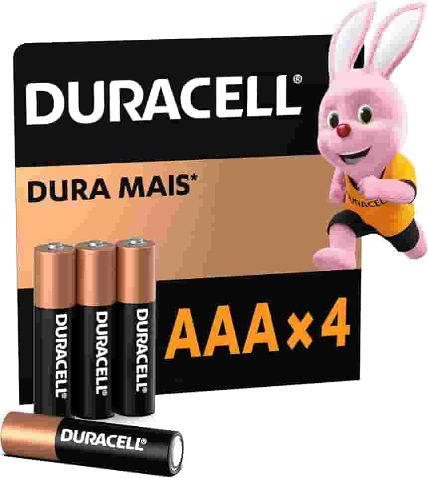 Duracell Pilhas Alcalinas AAA Palito Pack 4 Unidades – Dura Mais – Ideal para Controles Remotos Brinquedos e Lanternas
