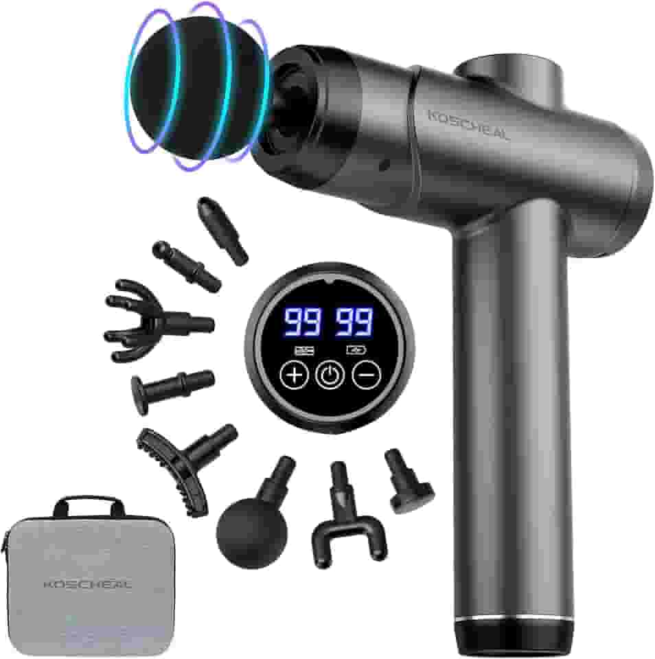 KOSCHEAL Pistola de Massagem, Massageador Muscular Profissional, 99 Velocidades e 8 Cabeçais, Alívio de Dor nas Costas, Pescoço e Ombros
