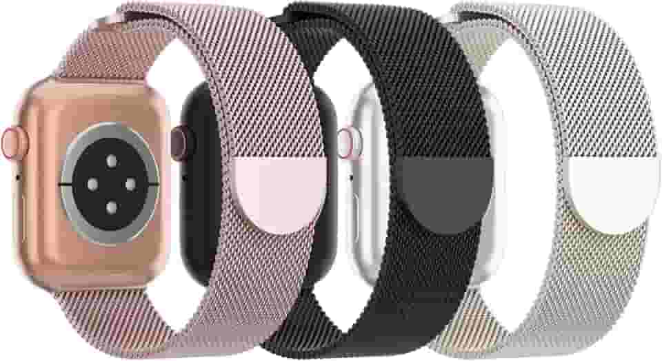Pulseira de Metal de Malha Steezrd, Aço inoxidável, Magnética, Compatível com Apple Watch Ultra/2 Séries 10/9/8/SE/7/6/5/4/3/2/1 de 38, 40, 41, 42, 44, 45, 46, 49 mm, Unissex, 3 Unidades
