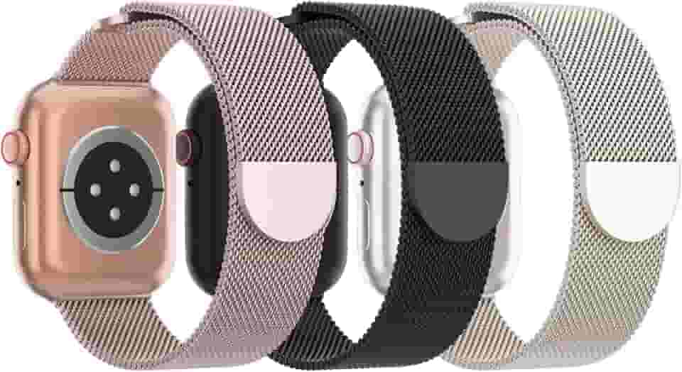 Pulseira de Metal de Malha Steezrd, Aço inoxidável, Magnética, Compatível com Apple Watch Ultra/2 Séries 10/9/8/SE/7/6/5/4/3/2/1 de 38, 40, 41, 42, 44, 45, 46, 49 mm, Unissex, 3 Unidades