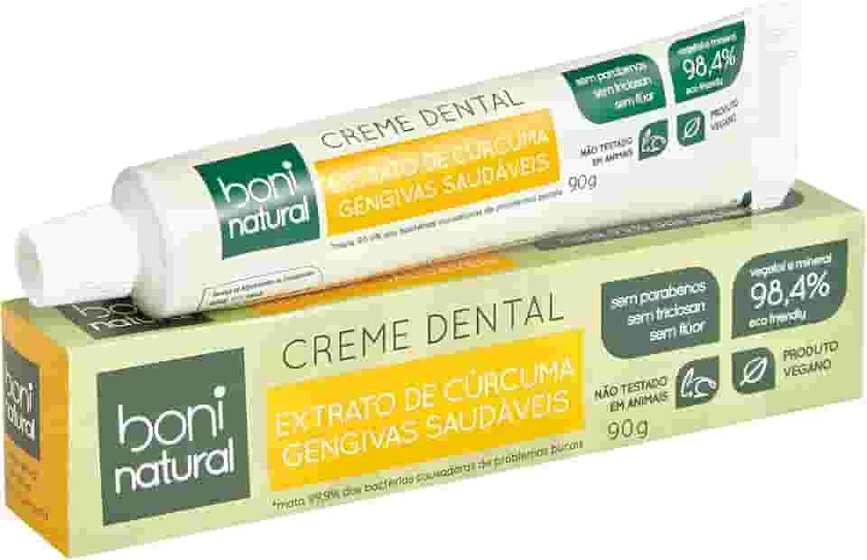 Creme Dental com Óleo Natural de Hortelã e Extrato de Cúrcuma, Vegano e Natural, Ação Anti-inflamatória, Sem Flúor, Sem Parabenos, Sem Triclosan, Amarelo, Boni Natural, 90g