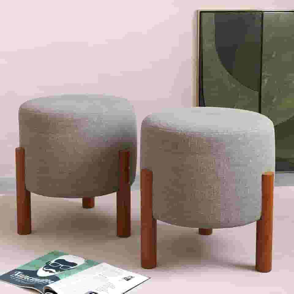 PC Móveis – Kit 2 Puff Redondo Luxo Decorativo em Linho ou Suede – Sala, Quarto e Escritório (Linho, Cinza)
