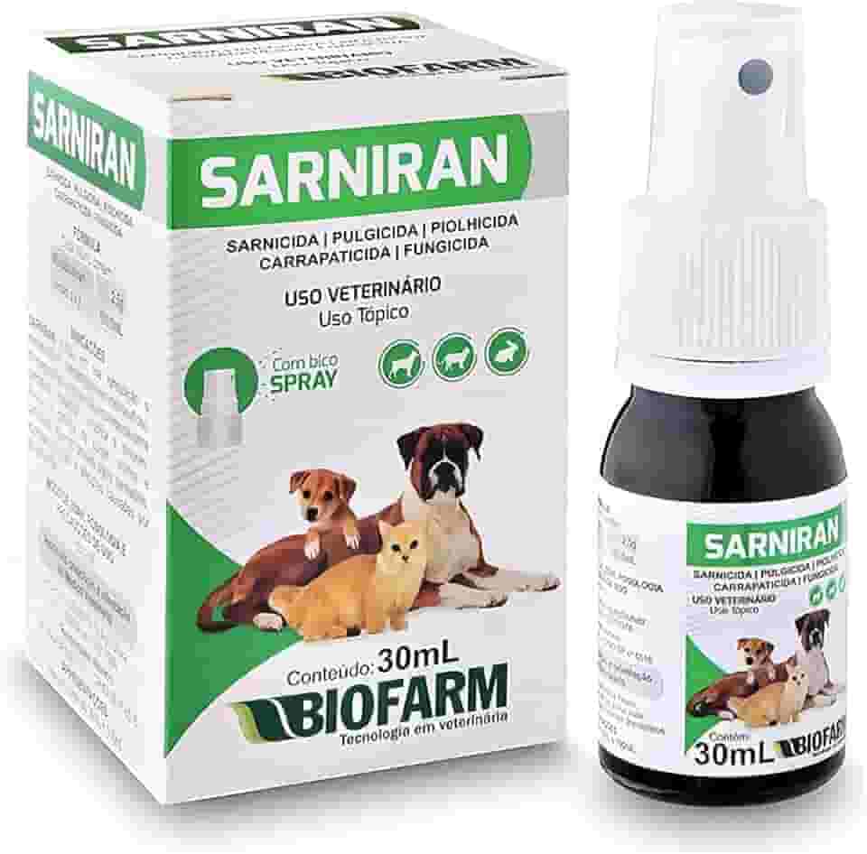 Sarniran Spray Veterinário, Tratamento Tópico Sarnicida Pulguicida Carrapaticida Fungicida para Cães e Gatos (30ml)