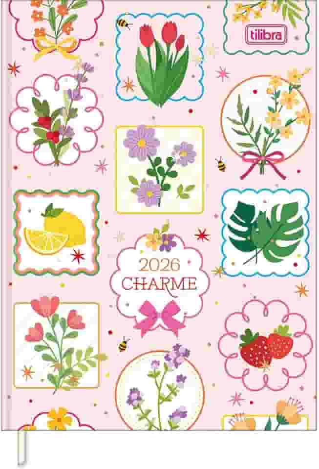 Tilibra - Agenda Costurada Diária 12,3 x 16,6 cm Charme 2026 - Flores - fundo rosa
