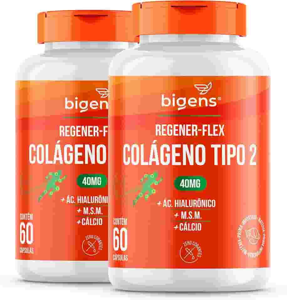 Regener Flex, Colágeno tipo 2 40mg, ácido hialurônico, M.S.M., Cálcio, Biogens, Kit 2x 60 cápsulas