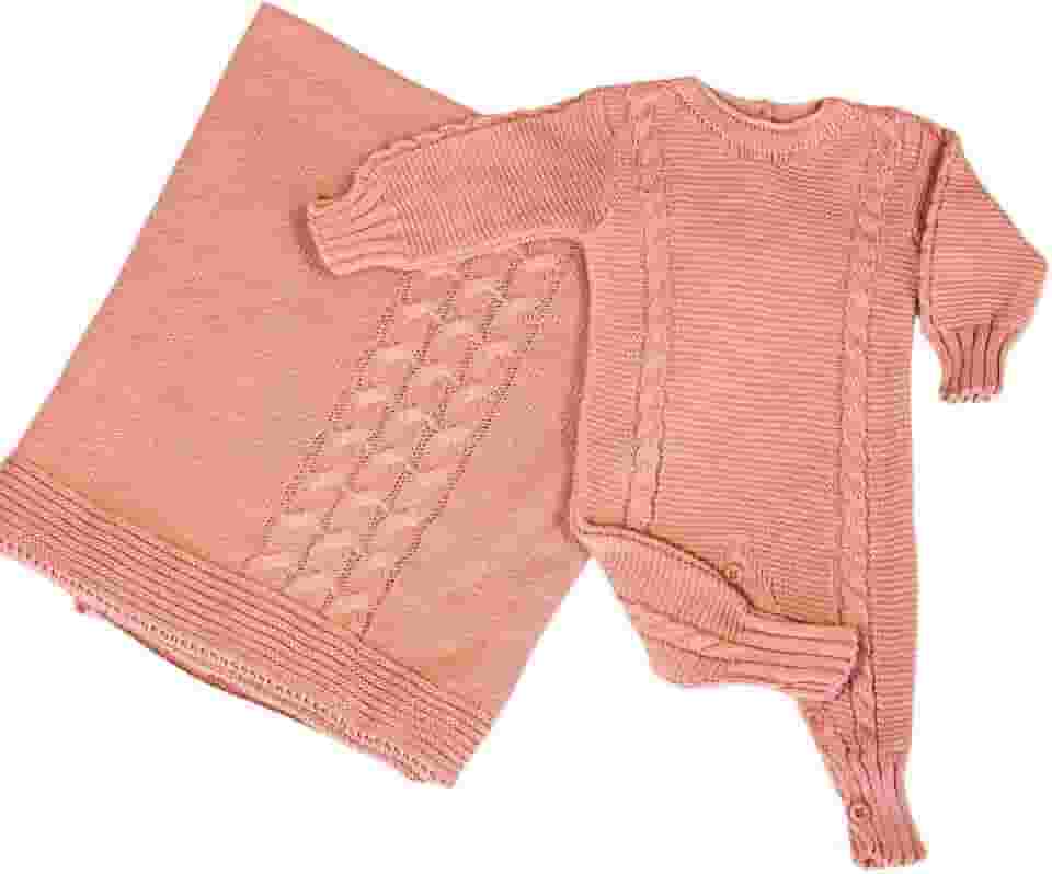 Saída de Maternidade Premium Kit 2 Peças Macacão e Manta em Tricô com Trança Para Bebês Tamanho Médio Unissex
