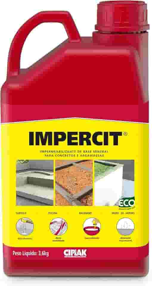 Aditivo líquido impermeabilizante para concreto e argamassa, que permite a redução da permeabilidade para evitar a umidade e infiltração d’água na argamassa. CIPLAK IMPERCIT, Galão 3,6L