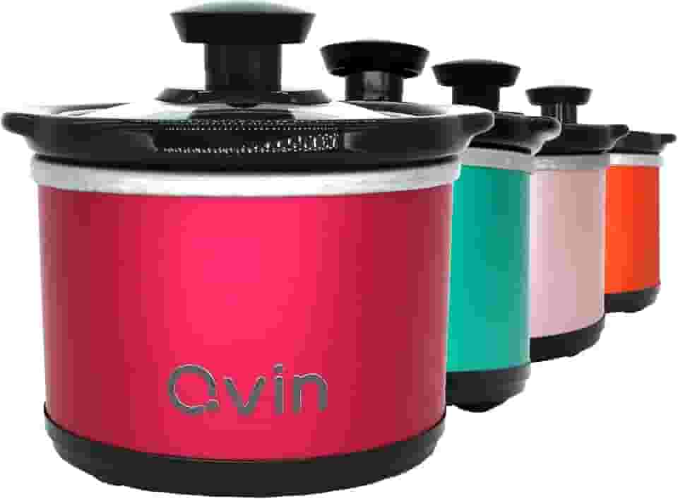 Qvin Mini Panela De Cozimento Lento Redonda 0,65 Qt, Aquecedor Fusão Para Fondue Com Pote Cerâmica Lavável Na Máquina Lavar Louça, Tampa Vidro, Aço Inoxidável, Vermelho-Rosa