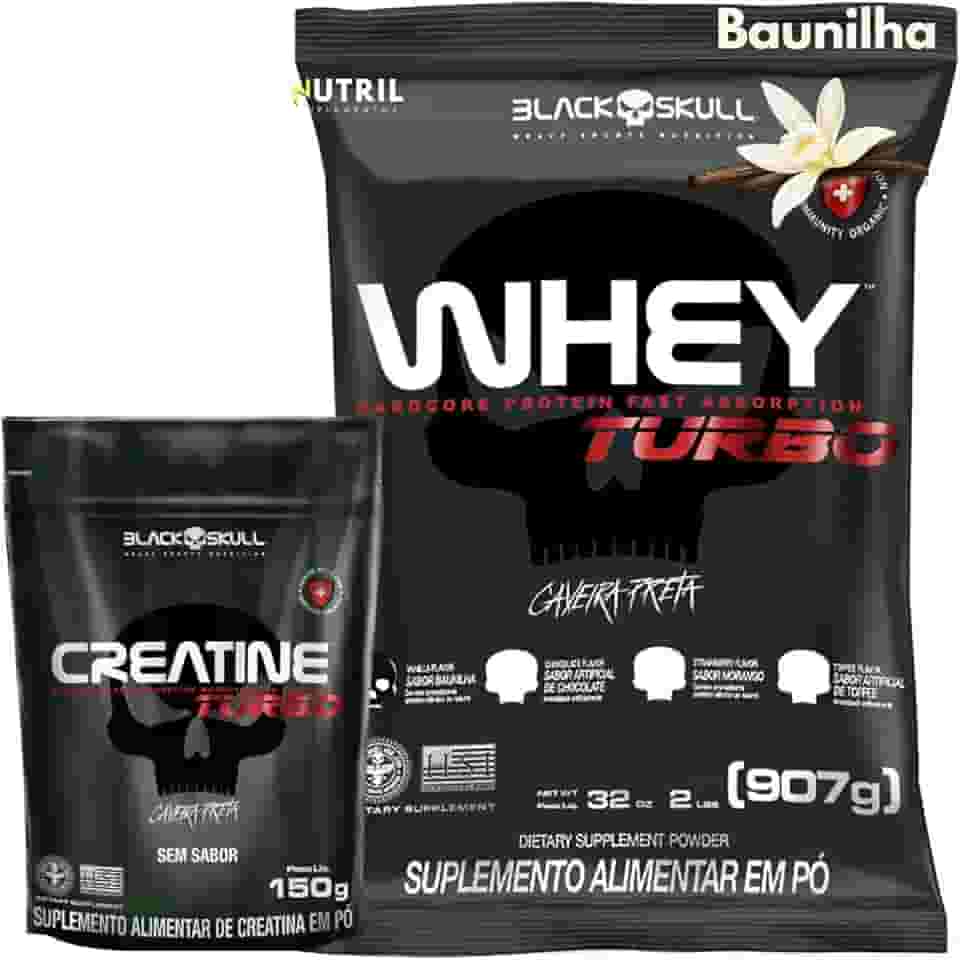 Kit Whey Protein Turbo + Creatina Monohidratada 150g - Black Skull - Ganho de Massa Muscular - Força (Baunilha)