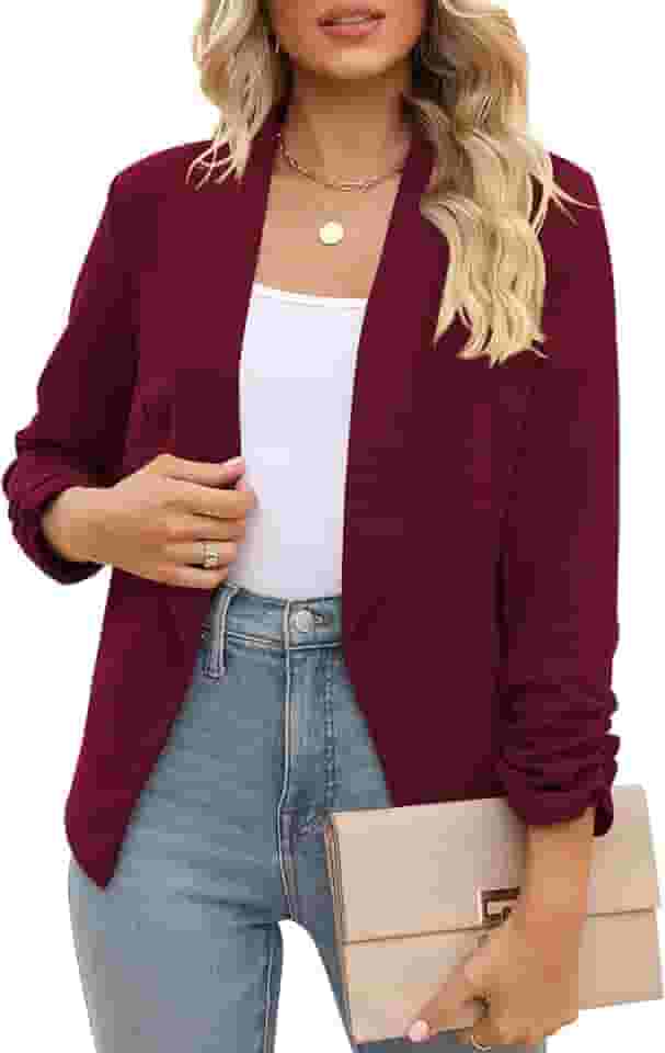 POGTMM Blazer feminino de manga 3/4 com frente aberta, cardigã para trabalho e escritório