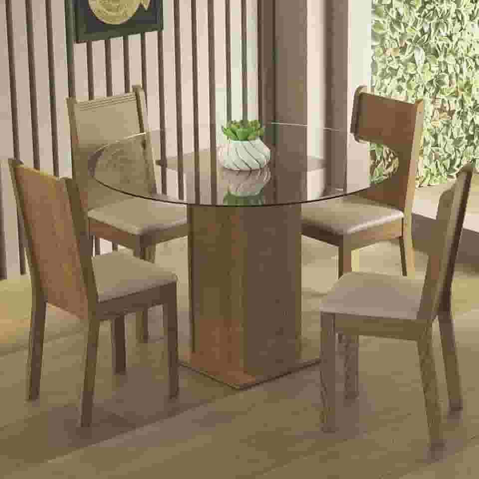 Conjunto Sala de Jantar Madesa Débora Mesa Tampo de Vidro Redondo 4 Cadeiras - Rustic/bege