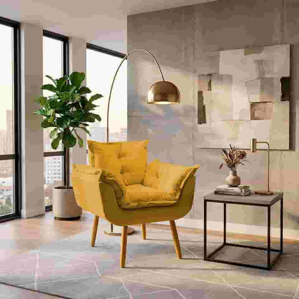 Poltrona Alice Decorativa Para Sala Cadeira Reforçada Para Recepção Manicure Clínica Sala De Espera Consultório Escritório Pé Castanho - Clique & Decore (Mostarda)