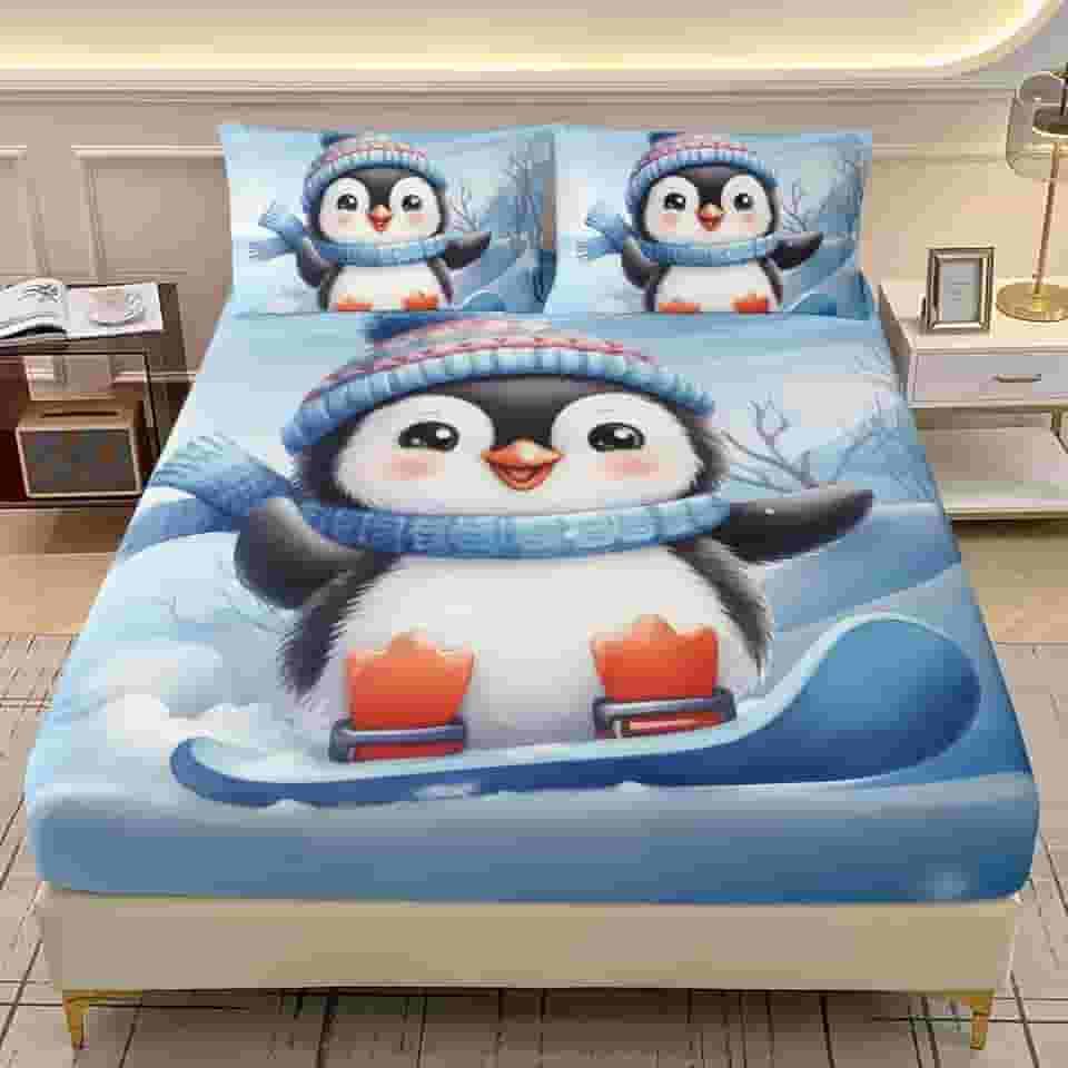 AILONEN Jogo de lençol casal fofo pinguim para crianças, meninas, meninos, desenho animal de snowboard, macio, 3 peças, lençol com tema do mundo da neve + 2 fronhas