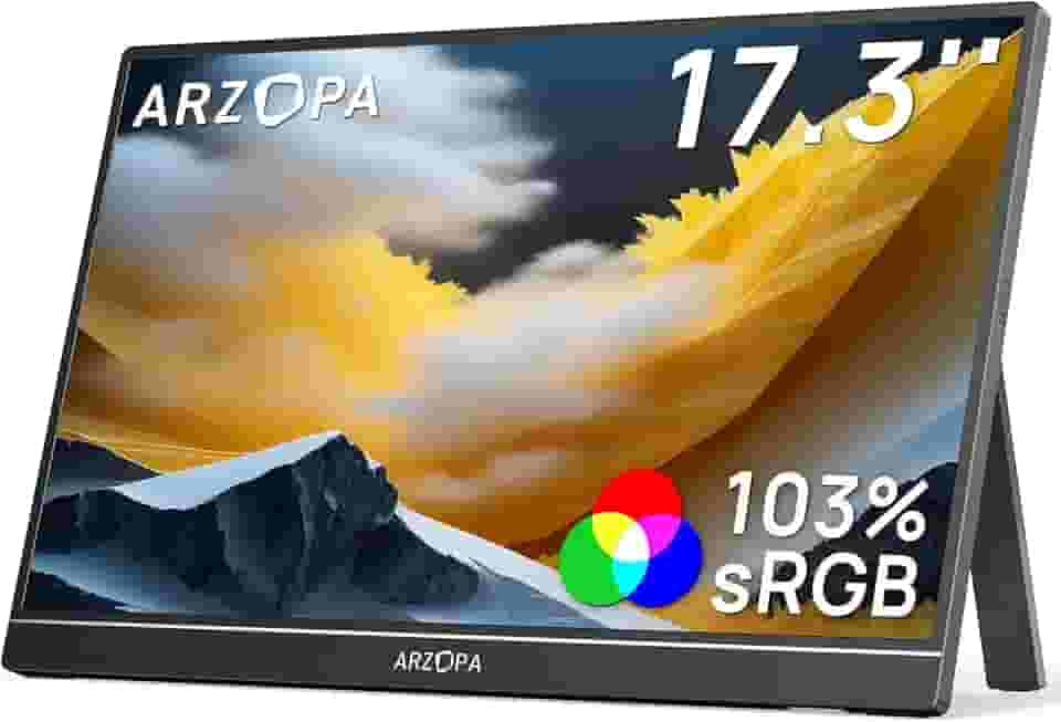 ARZOPA Monitor portátil de 17,3”, monitor para jogos IPS 1080P FHD 103% sRGB Monitor para laptop com suporte embutido Tela externa HDMI USB C para PC Mac Telefone Xbox Switch PS5
