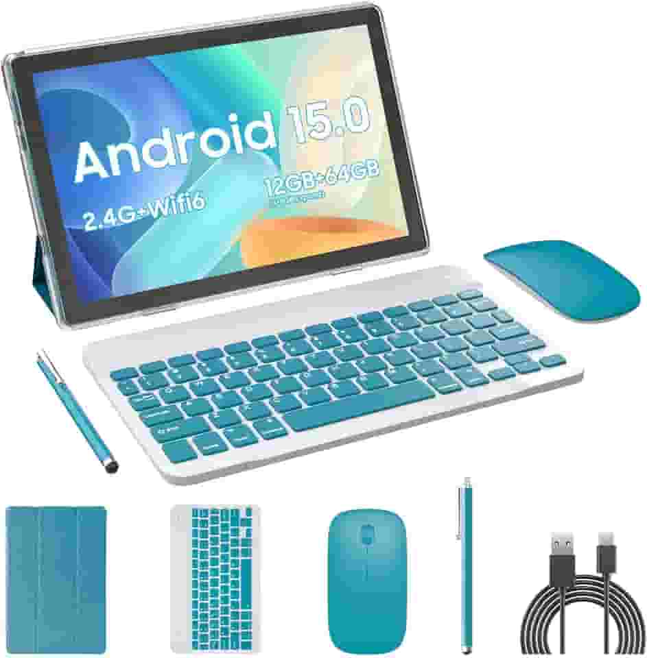 RUIQIAI Tablet Android 15, 2 em 1, tablets de 10 polegadas com teclado e mouse Stylus, 8 GB + 64 GB + 1 TB de expansão, computador com tela sensível ao toque de 1280 * 800 IPS, 5G WiFi 6, L1, tablet