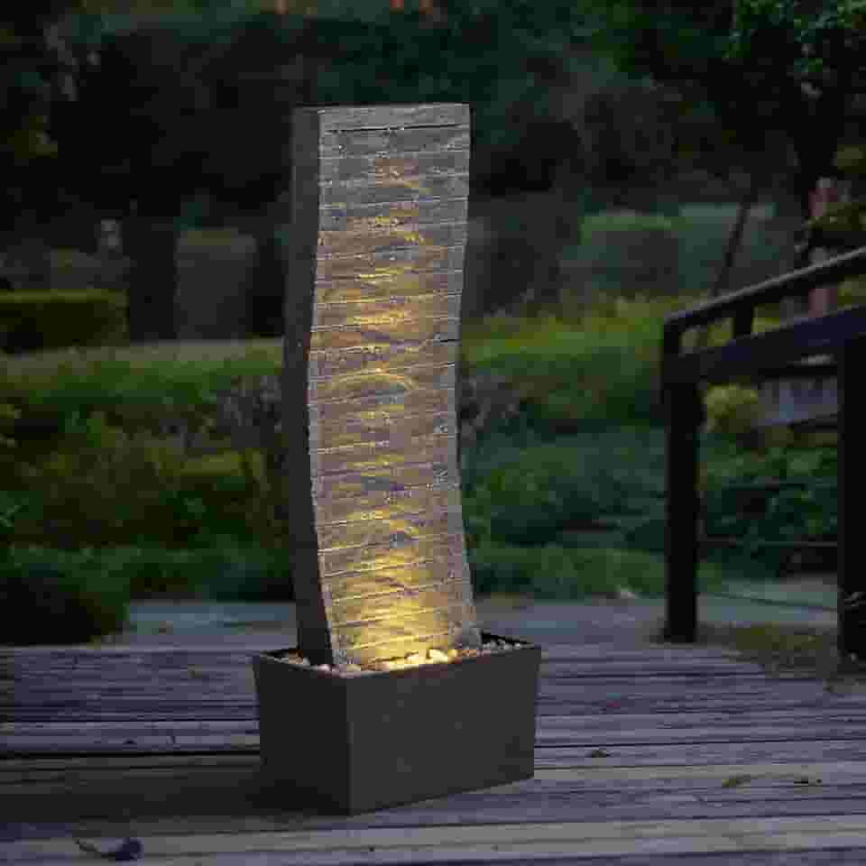 MSEONWXI Fonte de água moderna ao ar livre com luzes LED - Fonte de cachoeira curva grande para pátio, jardim, quintal - Característica de água contemporânea de 92 cm 24382