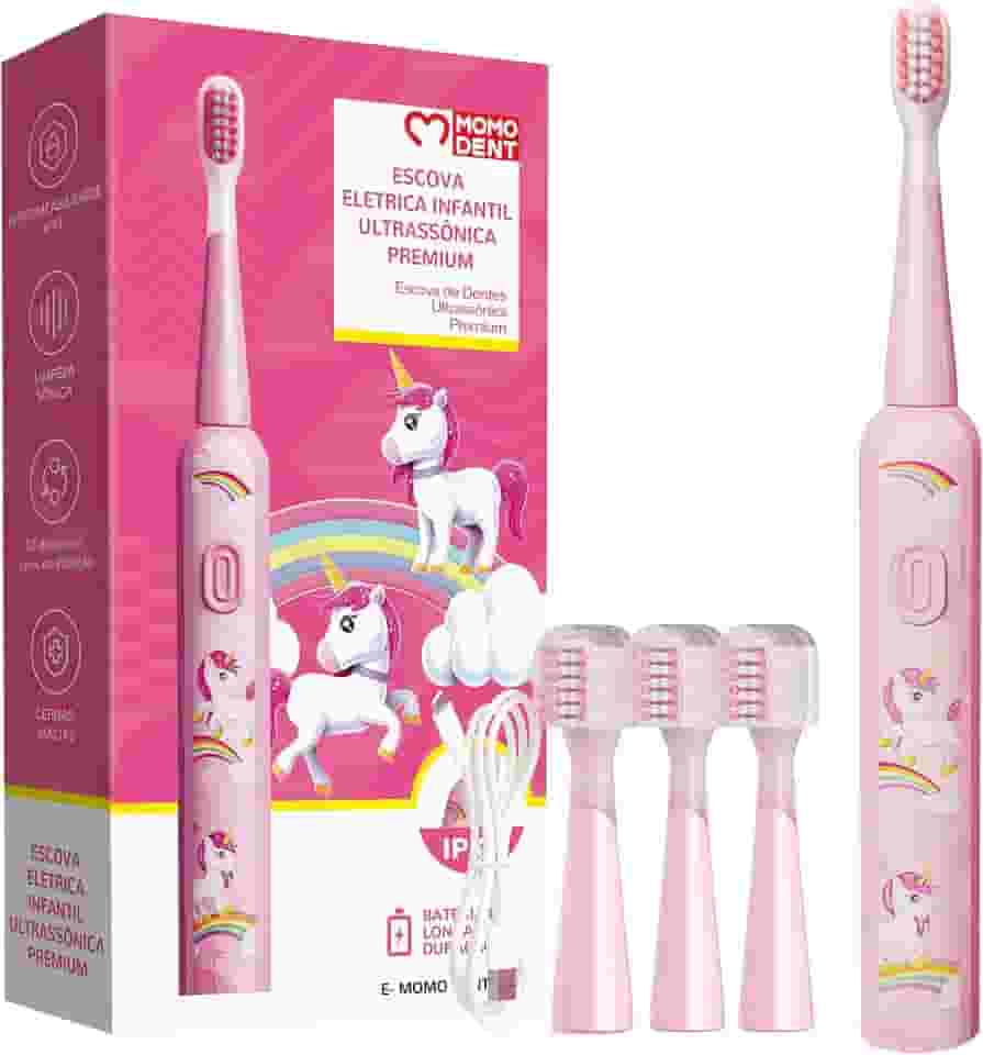 MOMODENT Escova Elétrica Infantil, Cerdas Extra Macias, 3 Modos de Vibração, 3 Cabeças Substituíveis, IPX7 à Prova D'Água, Recarregável, para Crianças de 3 a 12 Anos (Rosa)