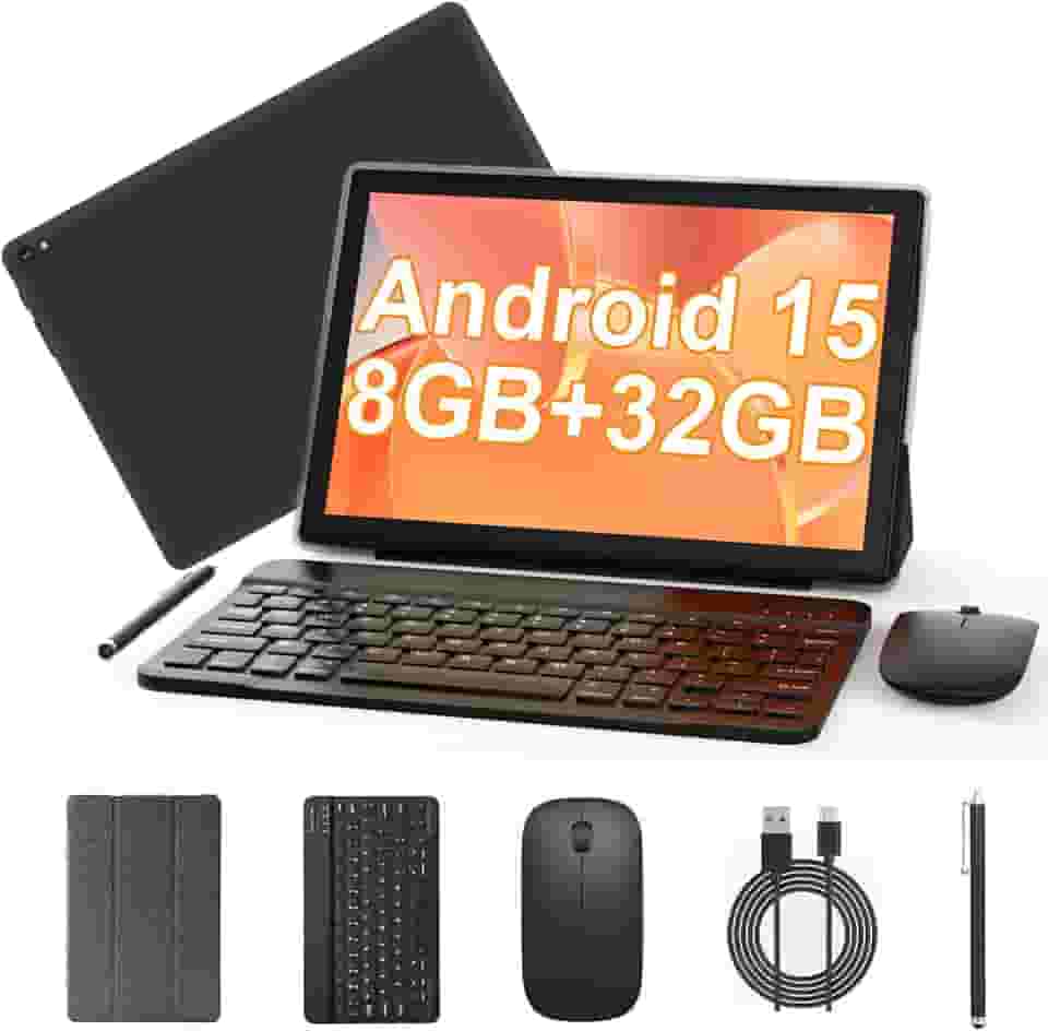 Tablet Android 15 de 10 polegadas, tablet 2 em 1 com teclado. 8 GB de RAM + 32 GB de ROM, compatível com tablets expansíveis de 1 TB, CPU quad-core, tela HD, BT, WiFi, tablets de longa duração da