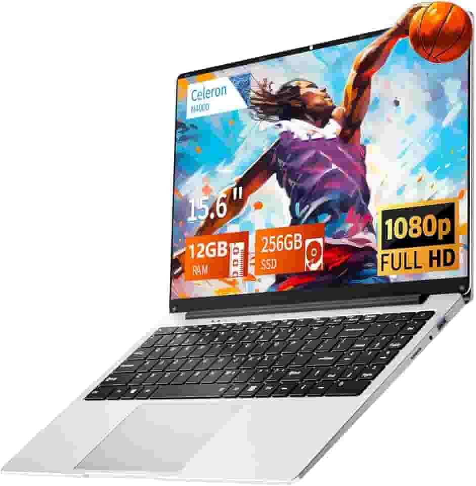 Laptop para jogos, laptops tradicionais de 15,6 polegadas N4000, laptop com 12 GB de RAM, SSD de 256 GB, Netbook WiFi 5 Mini-HDMI abertura de ângulo 180 BT5.0, USB3.0, laptop fino e leve para