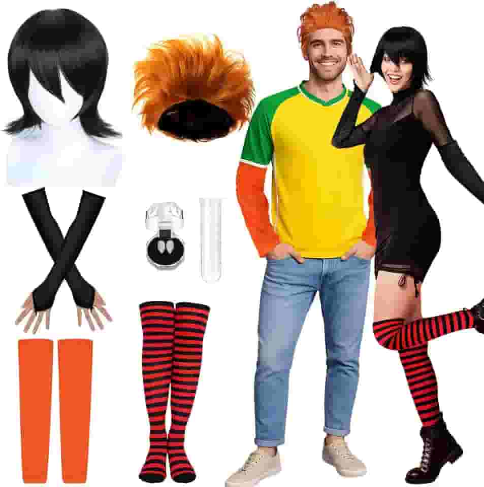 8 peças de fantasia de casal de hotel de Halloween, adultos, acessórios de fantasia de vampiro, perucas sem dedos, luvas sem dedos, meias vermelhas e pretas, dentaduras de vampiro, pinças