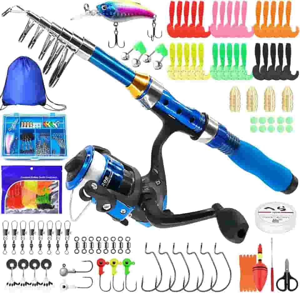Kilitn vara de pesca infantil, conjunto de vara de pesca telescópica portátil e roldana com kit completo de linha de pesca. Equipamento de pesca para vara de pesca juvenil para crianças, meninos, meninas e adultos