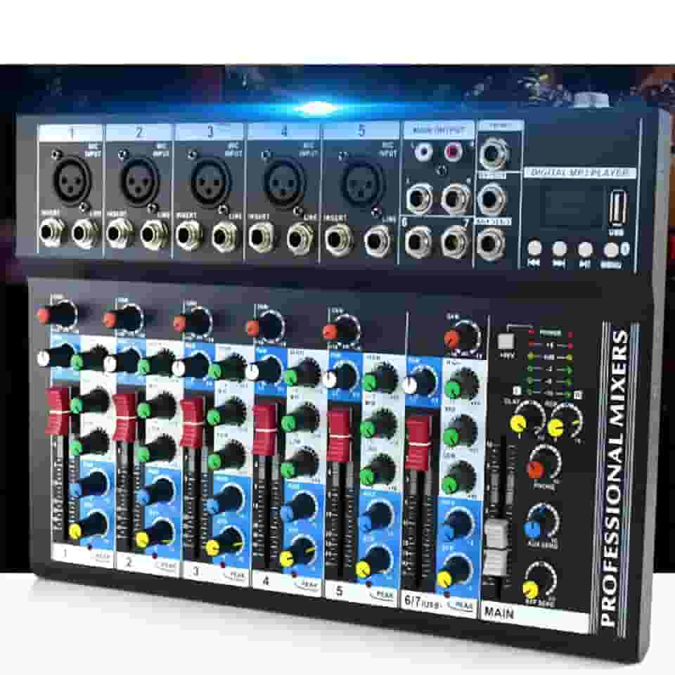 VEDO Mixer de Áudio Profissional 7 Canais VDA107L com Bluetooth, Entrada USB, Efeitos Digitais, Phantom Power +48V para Podcast, DJ, Gravação e Transmissão Ao Vivo - Mesa de Som Compacta 127/220V