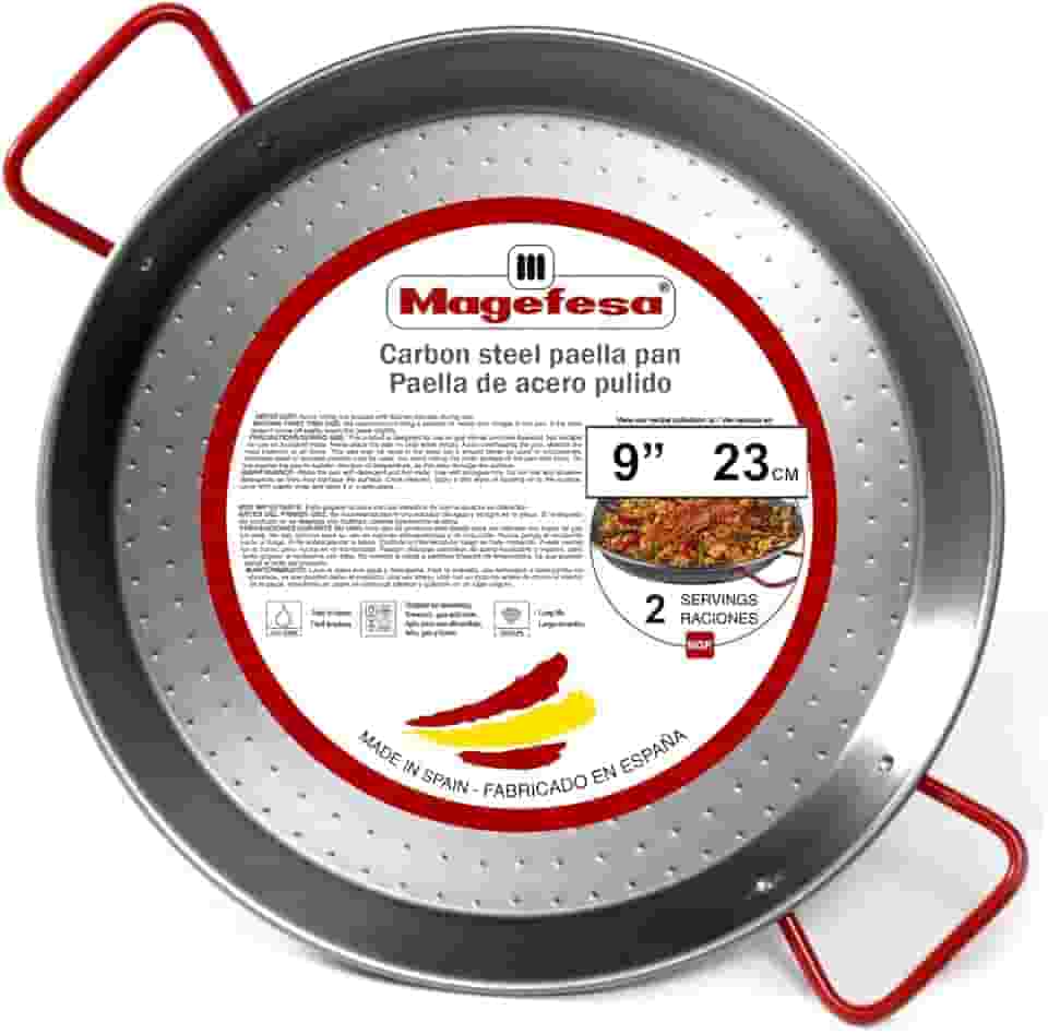 MAGEFESA Panela de paella de aço carbono em aço polido (9 pol. - 23 cm - 1 porções)