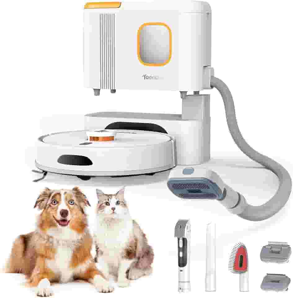 Teendow Aspirador e esfregão robô D20S Max+, sucção 6000Pa para pelos de animais de estimação, com base autoesvaziadora e peças de cuidados para animais de estimação, 10 semanas de limpeza mãos-livres