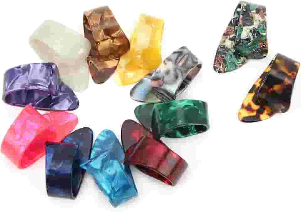 12 palhetas de polegar de guitarra, palhetas de dedo de celuloide para guitarra baixo banjo ukulele, com acabamento brilhante para tocar confortável e som bonito