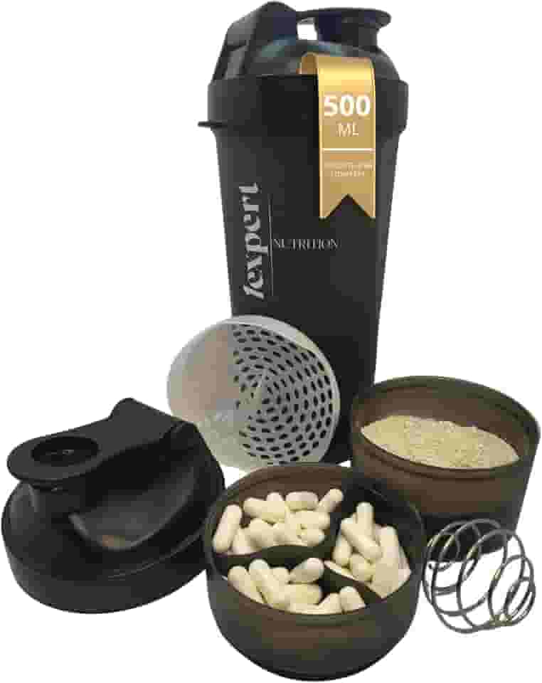 Coqueteleira 500 ml – Shaker Premium Compartimento Divisória para Cápsulas e Pó/Suplemento, Misturador de Aço e Peneira, Mistura Rápida e Design Fitness para Academia e Dia a Dia