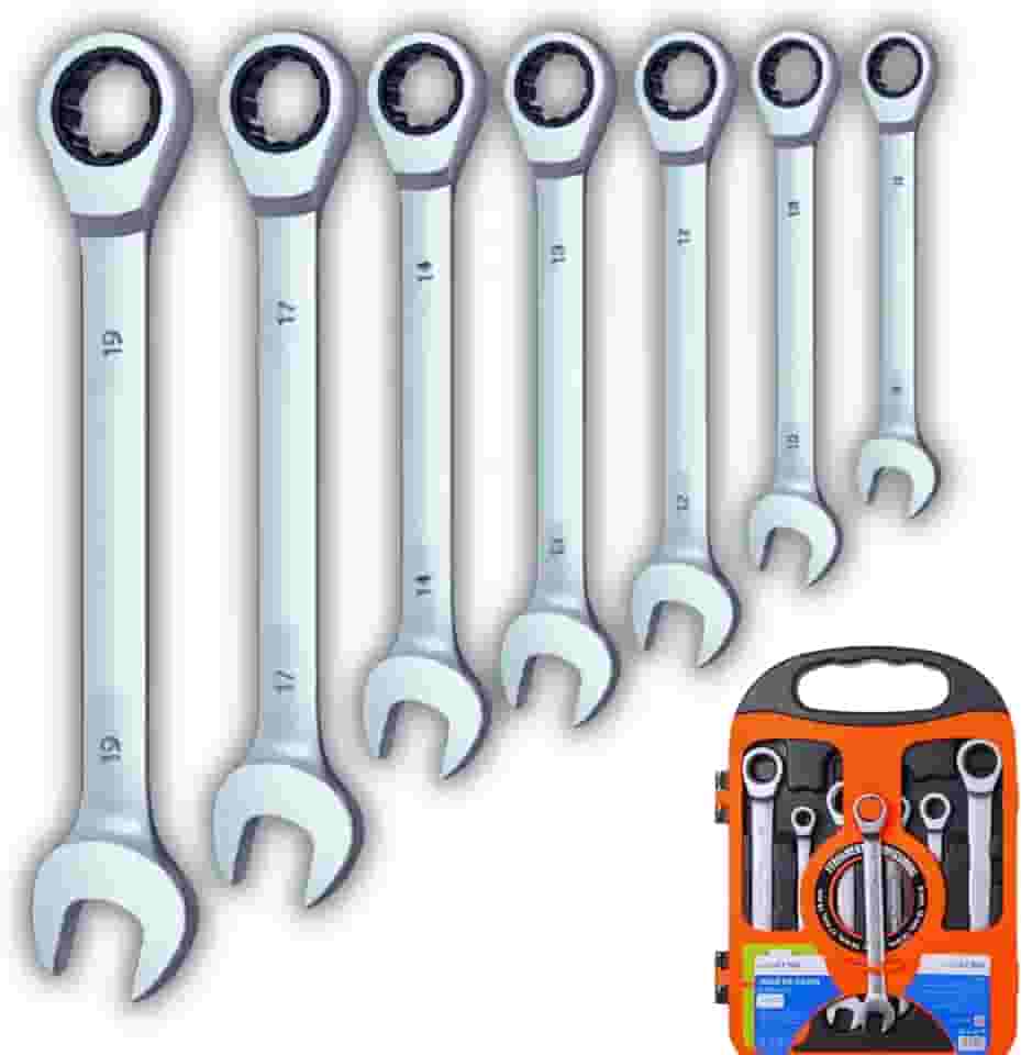 Kit 7 Chaves Combinadas com Catraca Articulada | Aço Cromo Vanádio | Cromado Fosco | Estojo Incluso