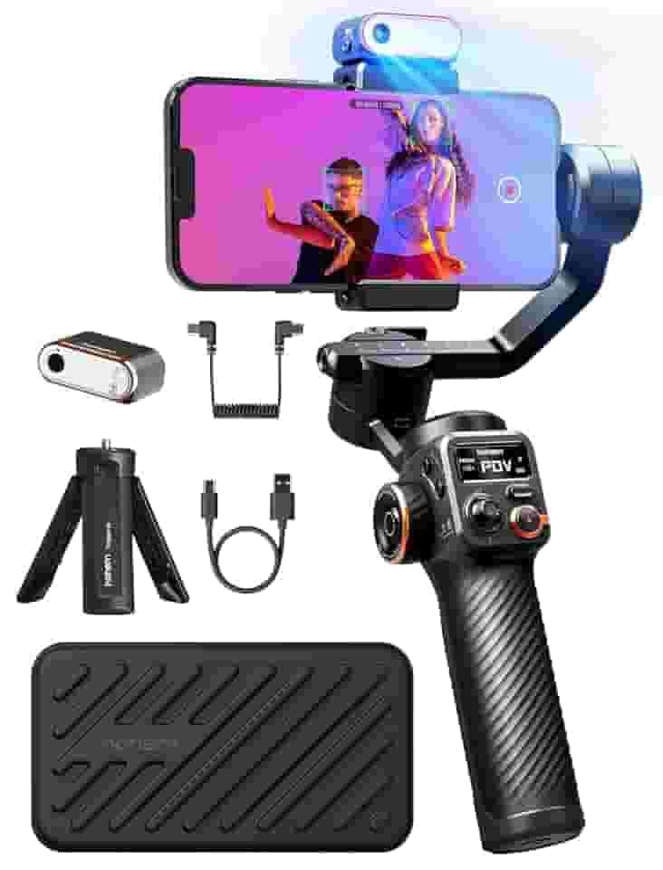 ho-hem iSteady M6 Kit Gimbal Estabilizador 3 Eixos para Smartphone com Rastreador IA, Luz Magnética Ajustável CCT/RGB e Bateria de 18h - Compatível com iPhone 15 Pro Max, Android e Gravação de Vídeo