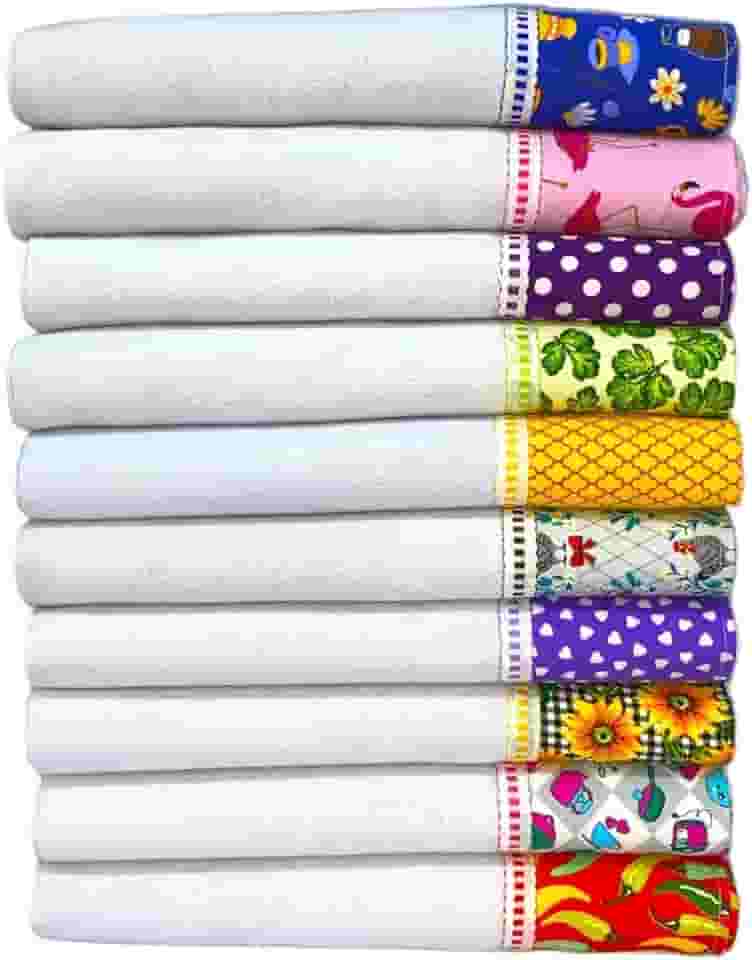 Pano De Prato 100% Algodão Com Barrado De Tricoline Kit Com 10 Peças - Barrados com Estmapas Sortidas