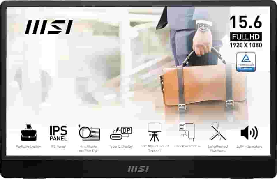 MSI Monitor portátil Pro MP161 E2, 39.6 cm FHD IPS 1080p, USB Type-C, Mini-HDMI, alto-falantes embutidos, perfeito para PC, Mac, PS5, PS4, Xbox, celular, cinza metálico